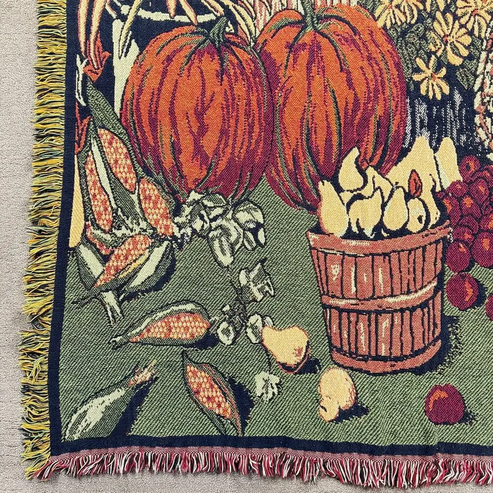 Vintage Fall Harvest Woven Tapestry Throw Blanket Fringed Pumpkins 48